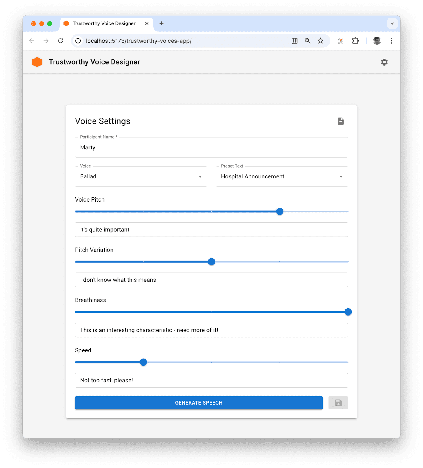 A screenshot of the main page of the voice testing app