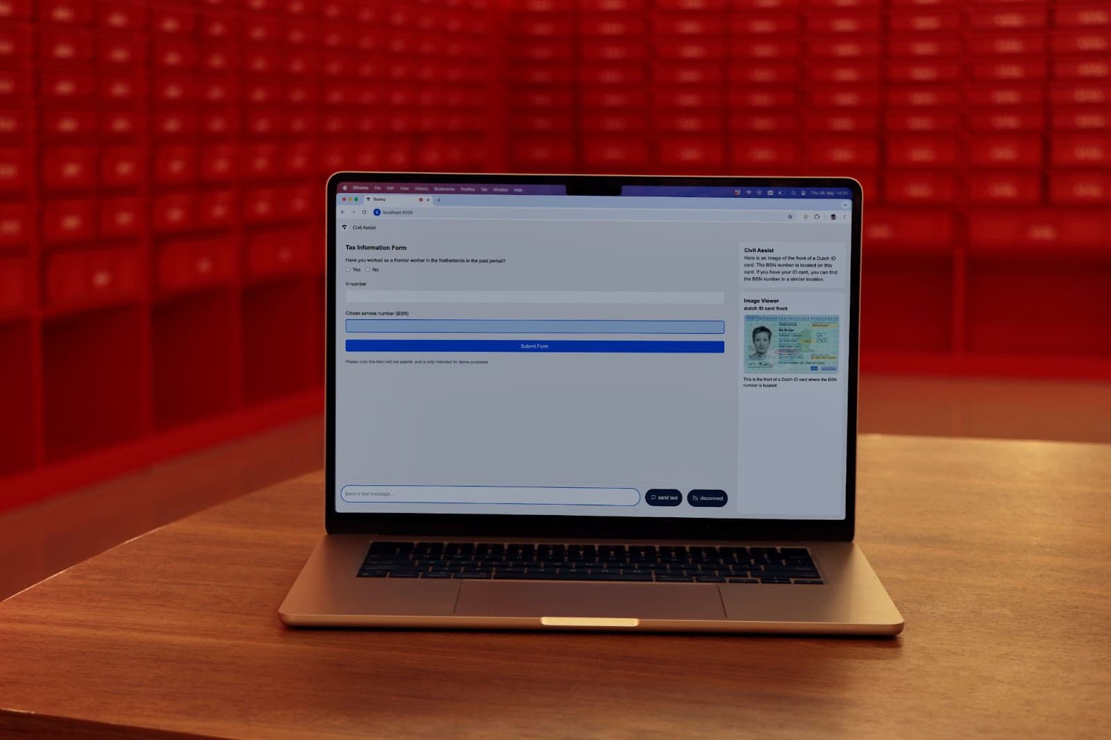 A laptop in a tax office shows the final prototype